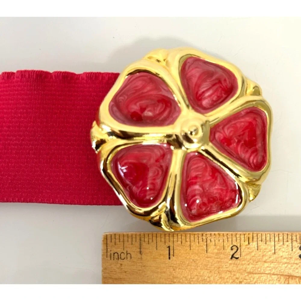 VTG Day Lor USA Pink Enamel Floral Statement Belt M Wide Cinch Stretch Retro 80s